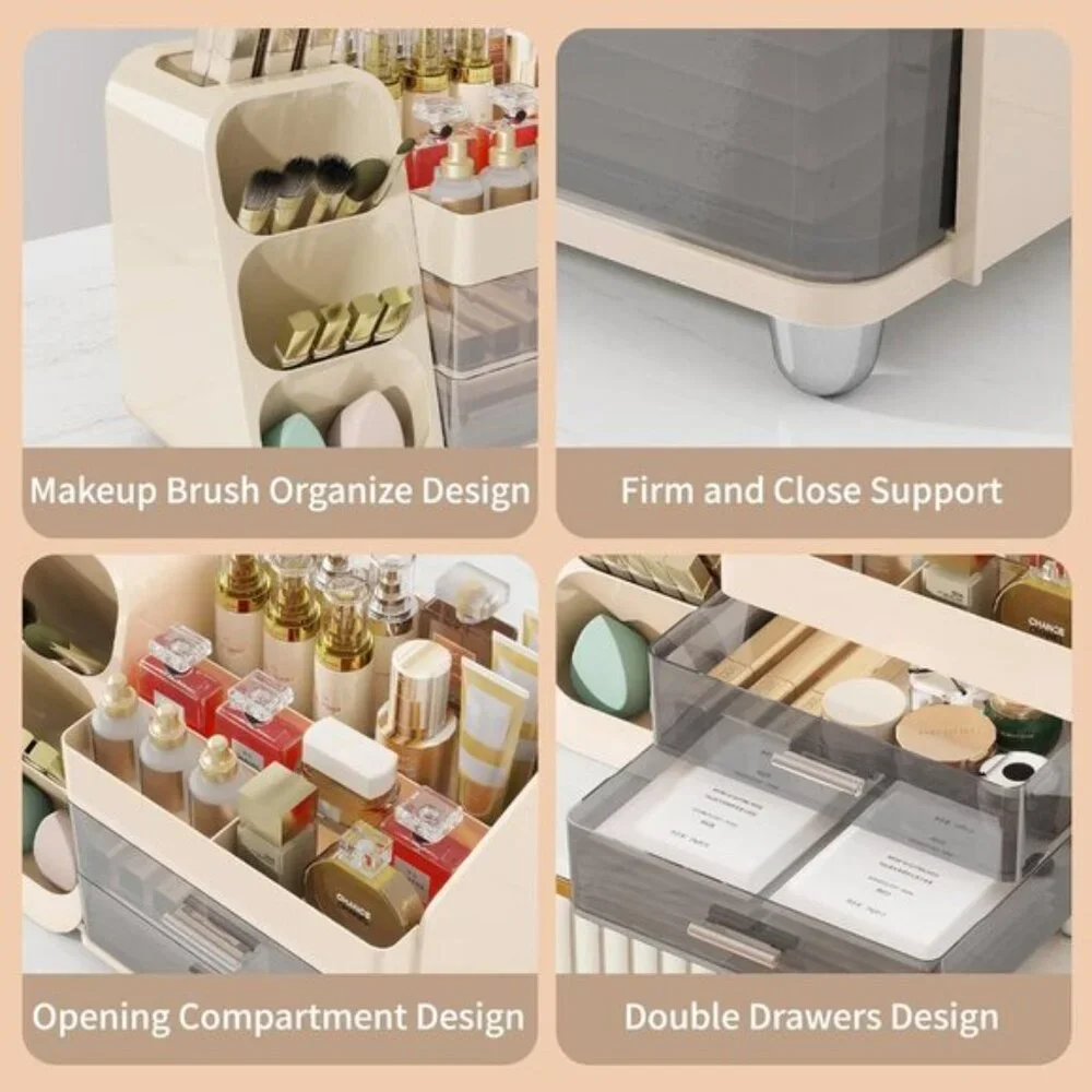 New Large Makeup Organizer, Cream Vanity Storage with Drawers & Brush Holder